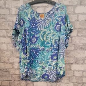 Ruby Rd. Blue and Green Floral Blouse
